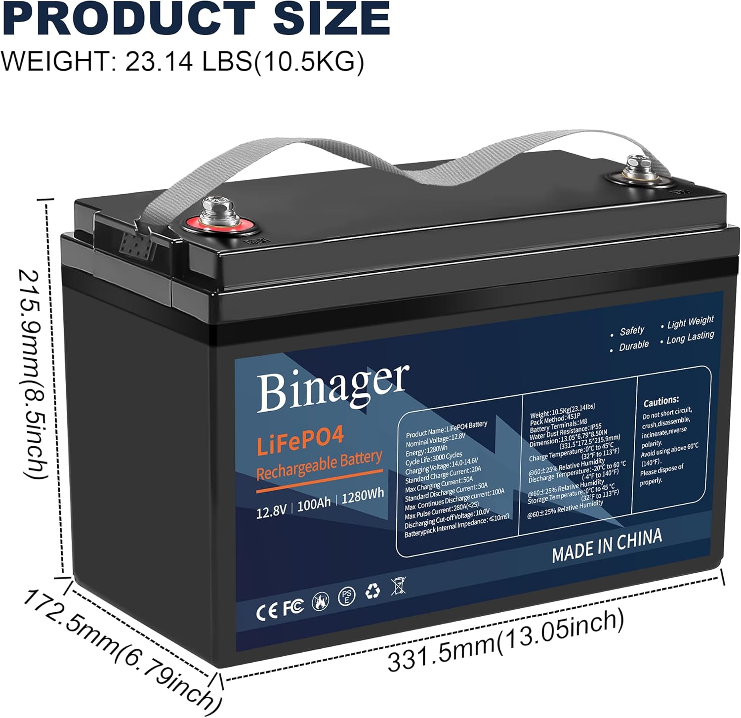 Binager 12V 100Ah Lithium Battery, Lifepo4 Deep Cycle Battery, Lithium Iron Phosphate Battery, Great for RVs, Camping, Solar Wind Systems, Outdoor Activities, Home Energy Storage-1280Wh