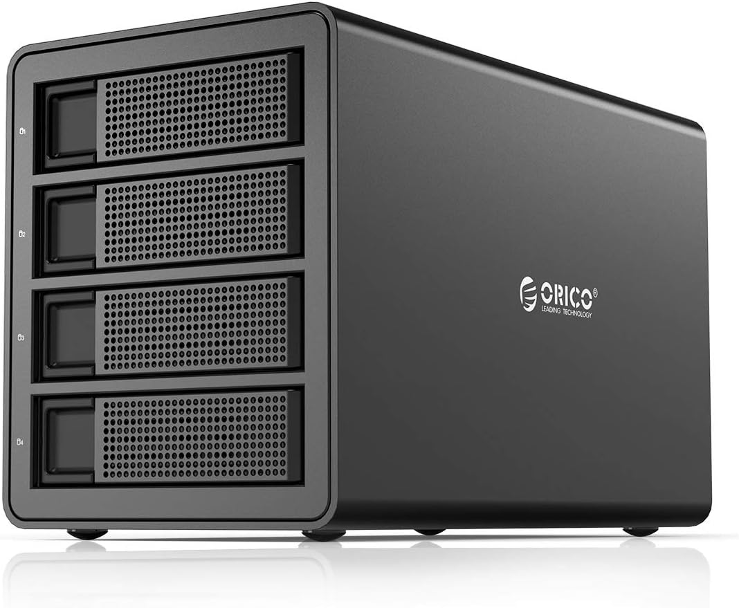 ORICO 4 Bay USB 3.0 to SATA External Hard Drive RAID Enclosure Support 64TB, 2.5/3.5 inch HDD SSD Enclosure Built-in 150W Power/Dual Chip for Enterprise Data Storage Backup (Support RAID)-3549RU3