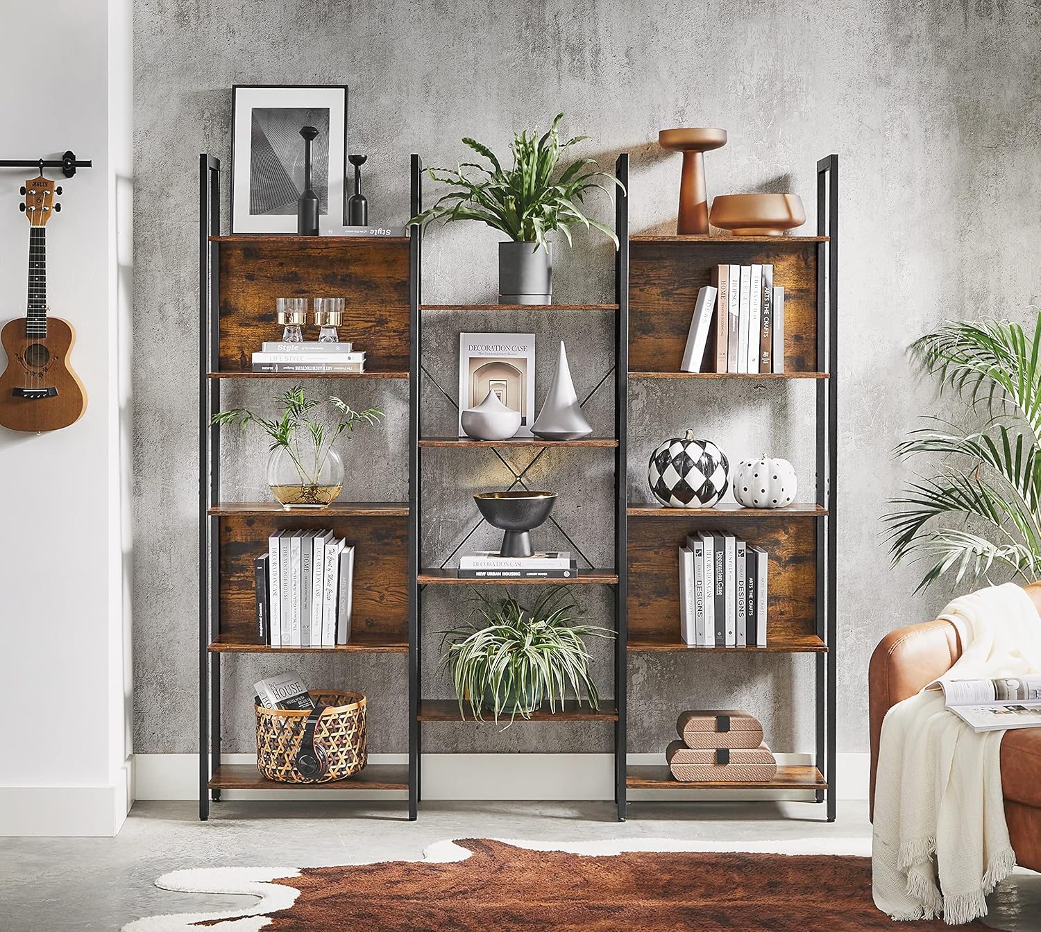 VASAGLE Triple Wide 5 Tier Bookshelf, Bookcase with 14 Storage Shelves, Metal Frame, Living Room, Study, Office, Industrial Style, Rustic Brown and Black ULLS107B01