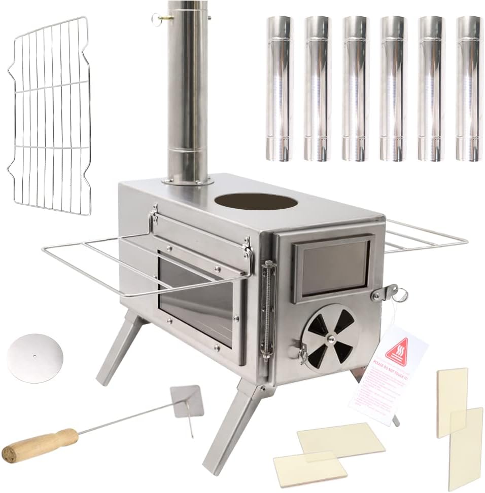 Fitinhot Wood Tent Stove, Portable Outdoor Camping Wood Burning Stoves Stainless Steel with Chimney Pipes for Cookout, Hiking, Travel, Backpacking Trips (Silver)