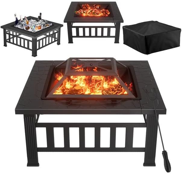 Greesum Multifunctional Patio Fire Pit Table, 32in Square Metal Firepit Stove Backyard Garden Fireplace for Camping, Outdoor Heating, Bonfire and Picnic