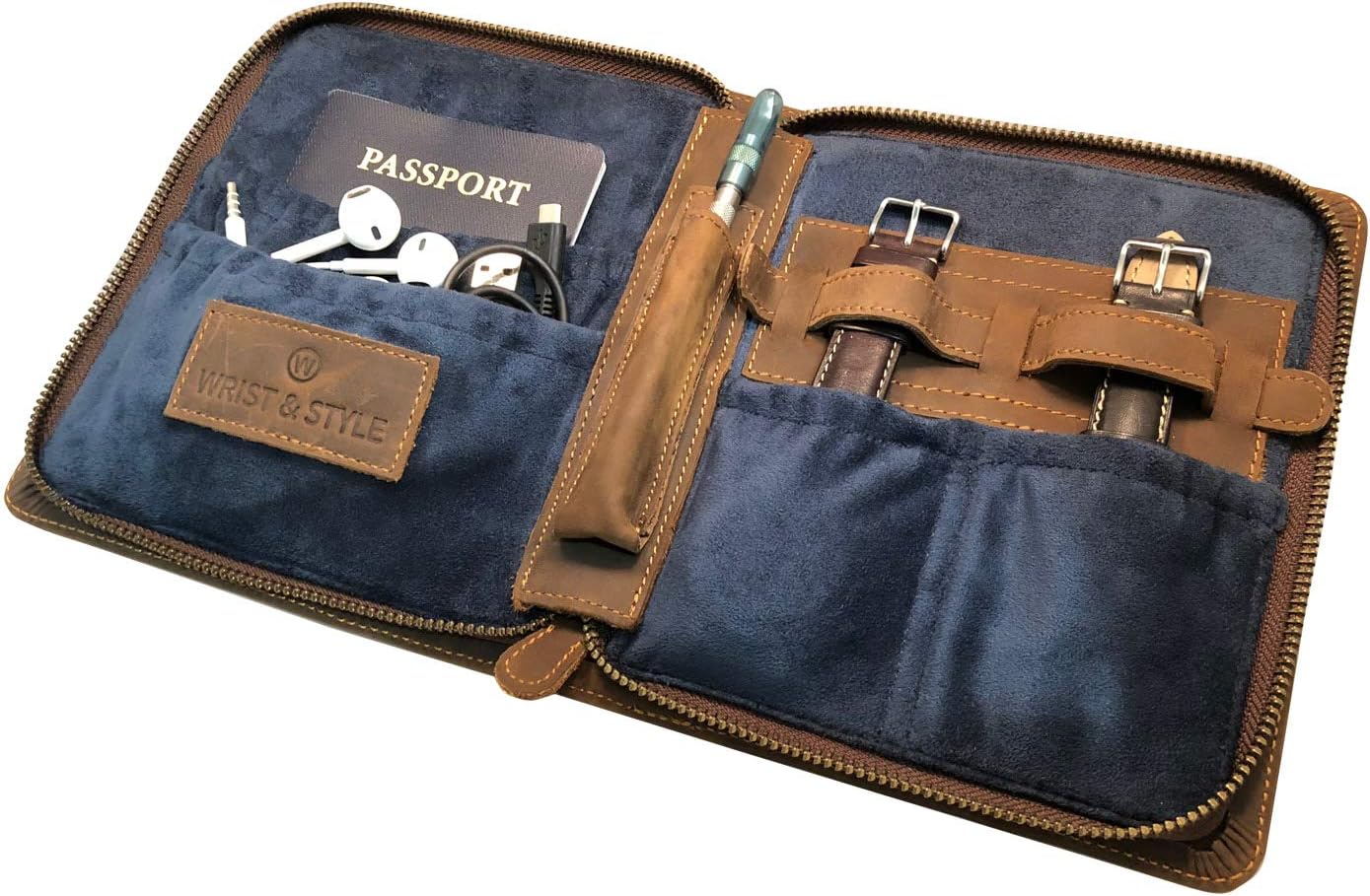 Leather Zipper Watch Case by W&S for Travel and Storage for Watches: Zipper Case Securely Hold Watches Straps, Tools, Passports, Cards and Accessories - Brown Leather, Blue Suede