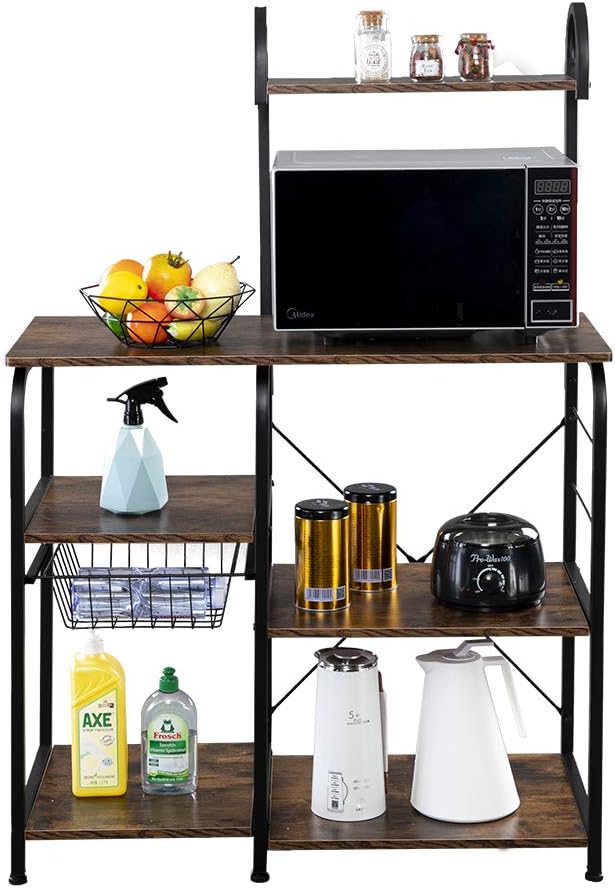 Kitchen Baker's Rack, Utility Storage Shelf Microwave Stand 4-Tier 3-Tier Shelf for Spice Rack Organizer Workstation with 10 Hooks (4-Tier, Brown)