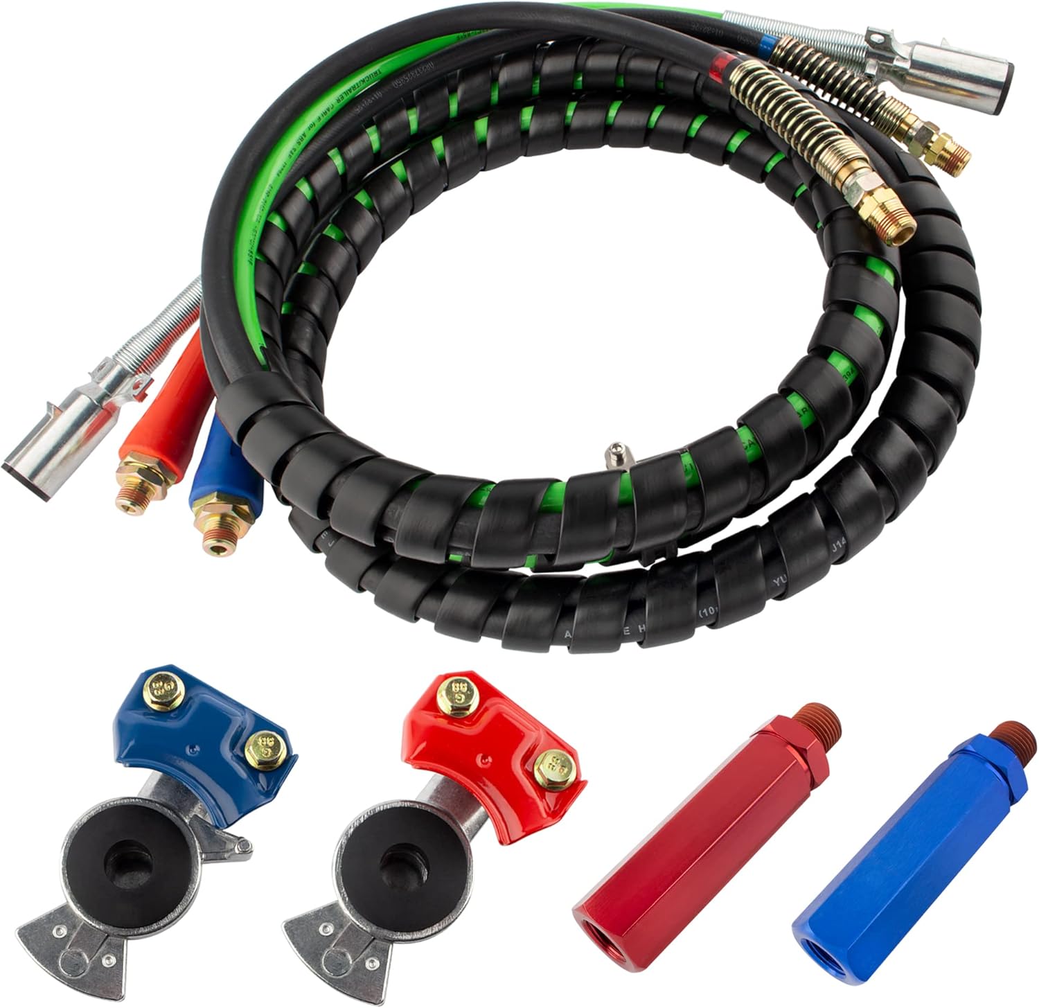 BOXI 3 in 1 15 Ft Wrap Heavy Duty 7 Way Truck Tractor Trailer Rig Electric Cable Wrap Cord ABS & Air Line Hose Assembly with Aluminum Emergency Universal Glad Hands Anodized Glad Handle 30-2171 451098