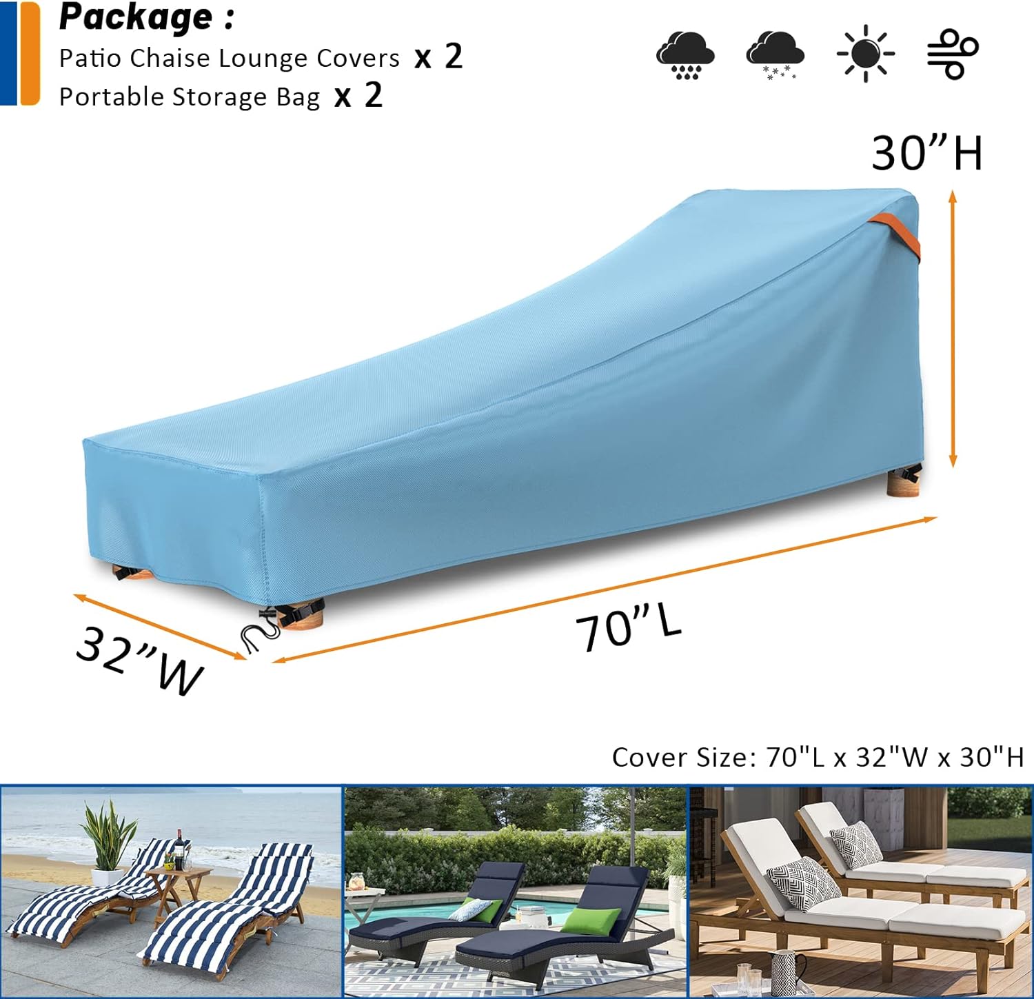 MUTUSHI Patio Chaise Lounge Cover Waterproof, 70 Lx32 Wx30 H - 2 Pack , Heavy Duty Outdoor Chaise Lounge Covers, Patio Covers for Outdoor Outside Beach Pool Lounge Chair, -Twilight Blue