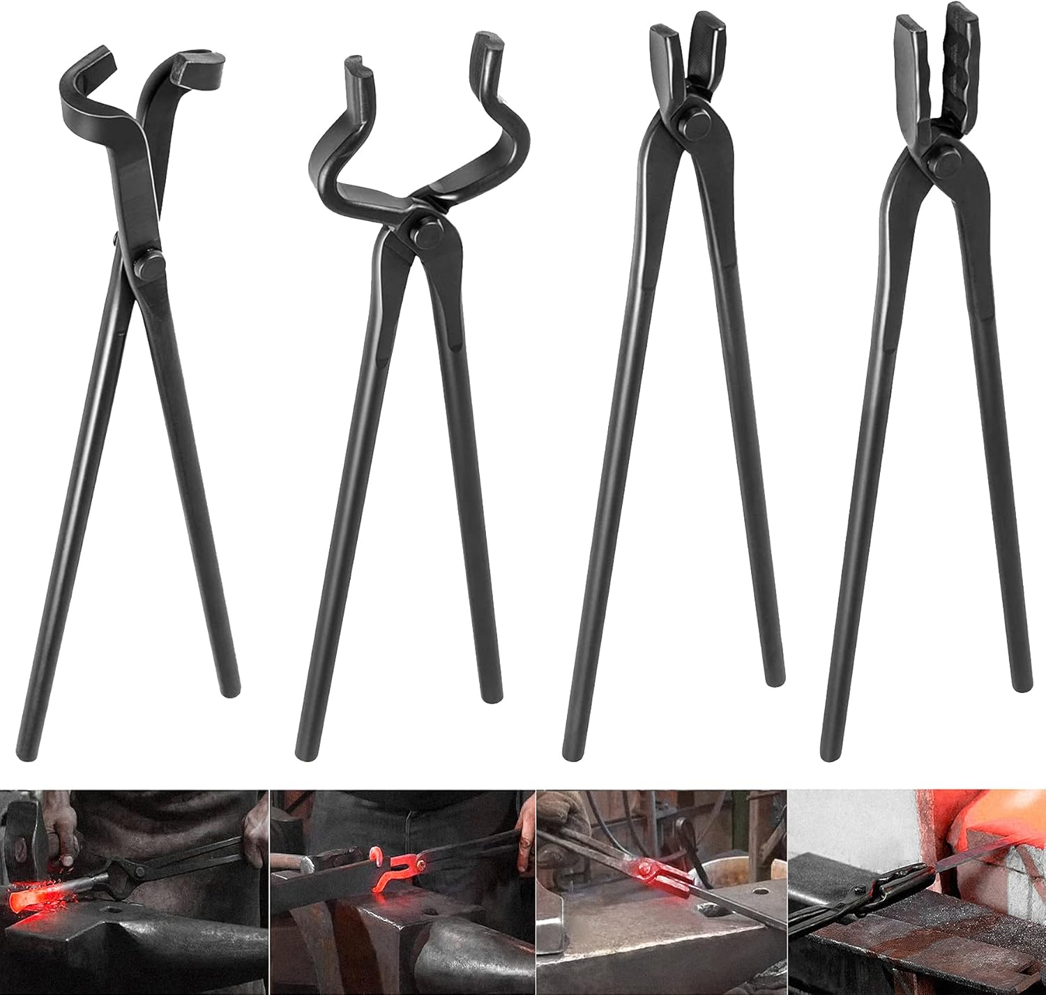 PIILOO Knife Making Tongs Blacksmith Bladesmith Tong Anvil Forge - V-Bit Tongs, Flat Tongs, Wolf Jaw Tongs, Blade Tongs (4-Packs)