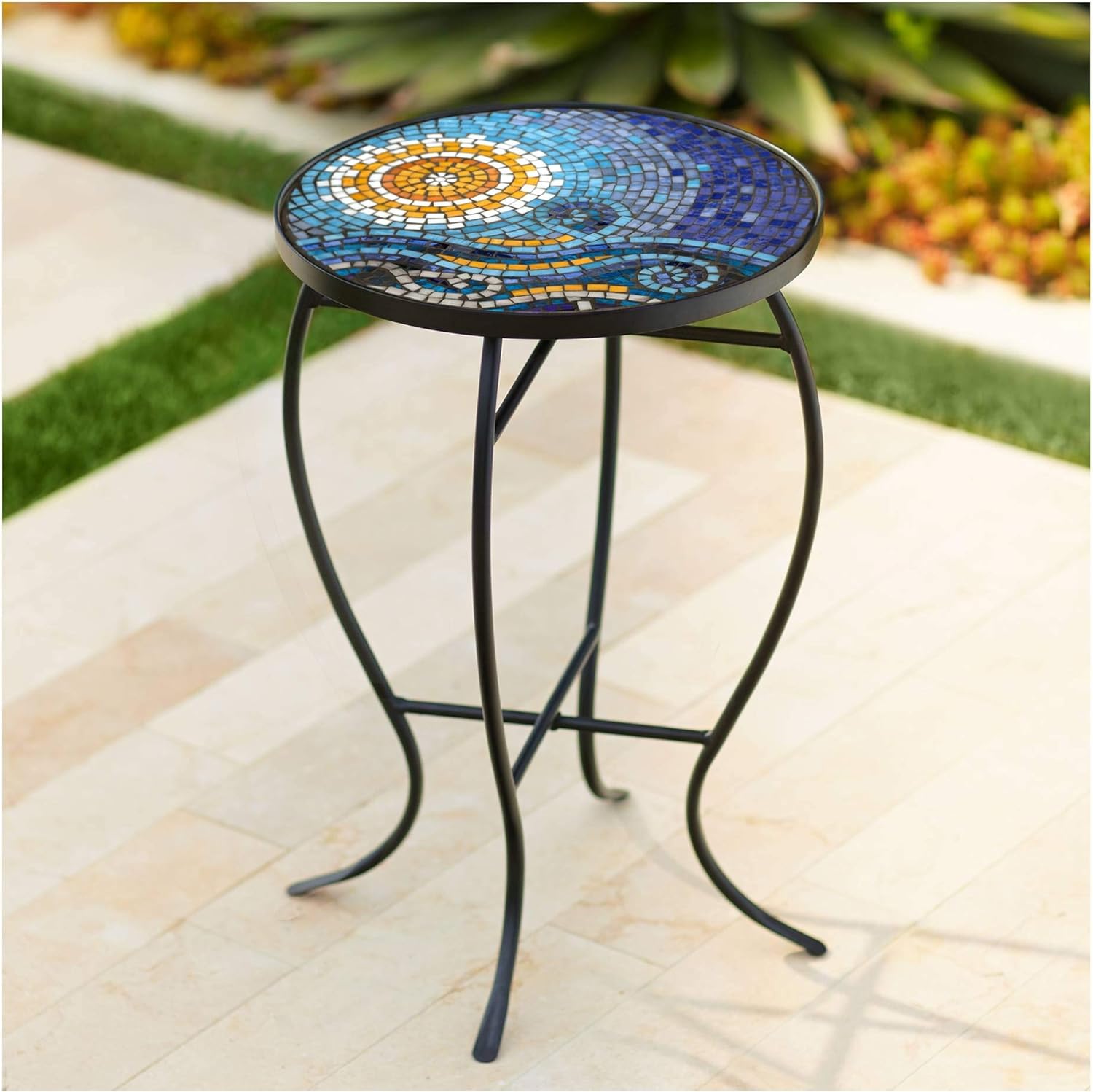 Teal Island Designs Ocean Mosaic Black Iron Outdoor Accent Table