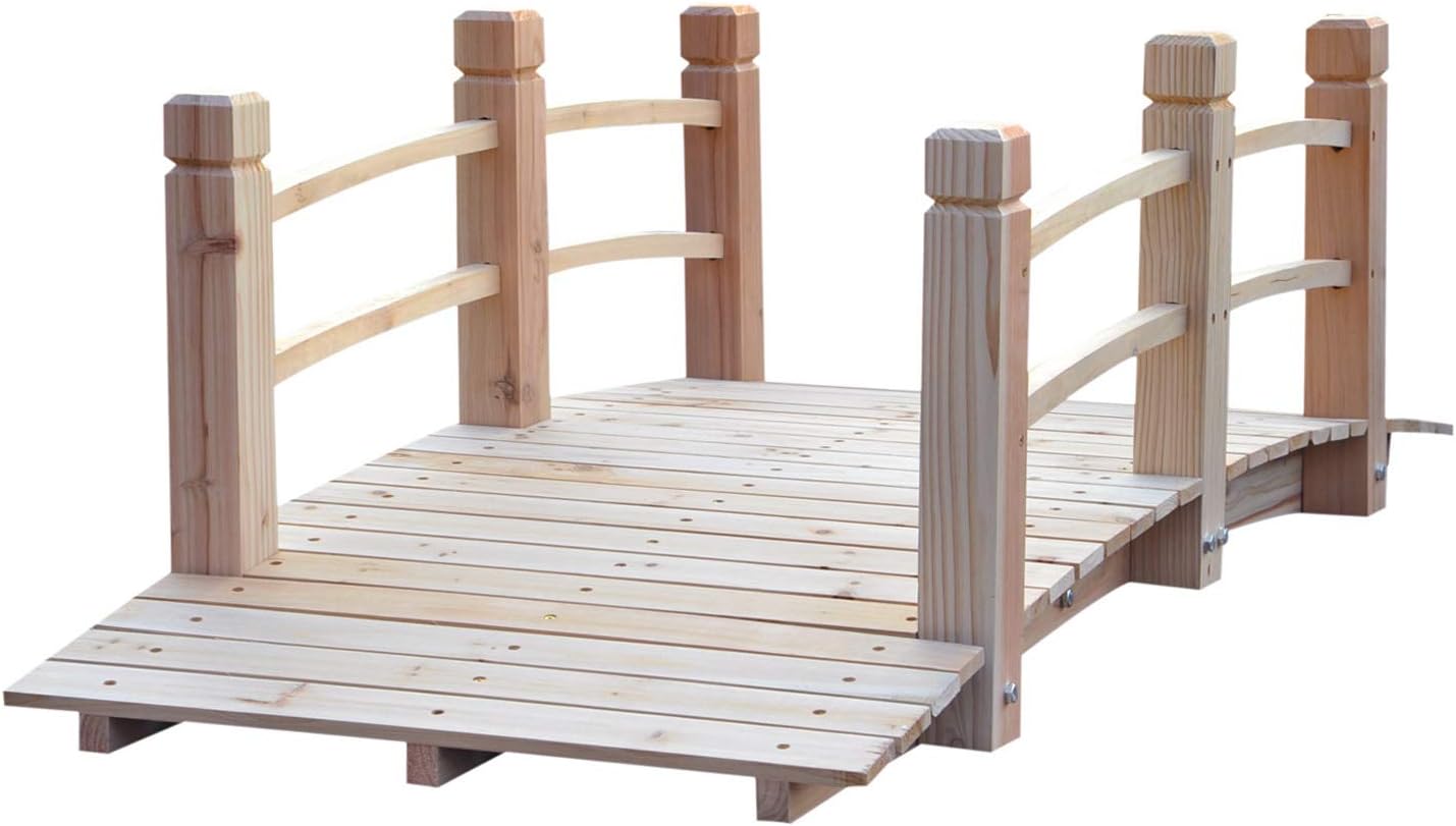 Outsunny 5 ft Wooden Garden Bridge Arc Footbridge with Railings for Your Backyard, Natural Wood