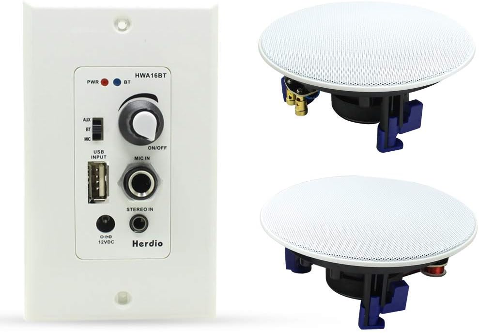 Herdio Home Audio Package Wall Mount Audio Control Amplifier Receiver System and HCS-418 in Ceiling Speakers for Office Bathroom Kitchen Living Room (A Pair)