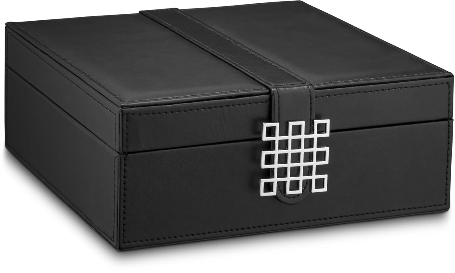 Glenor Co Ring Organizer Box - 108 Slot Classic Jewelry Display Holder - 2 Storage Trays with Modern Buckle Closure, Large Mirror - Holds Rings and Cufflinks - PU Leather Case - Black