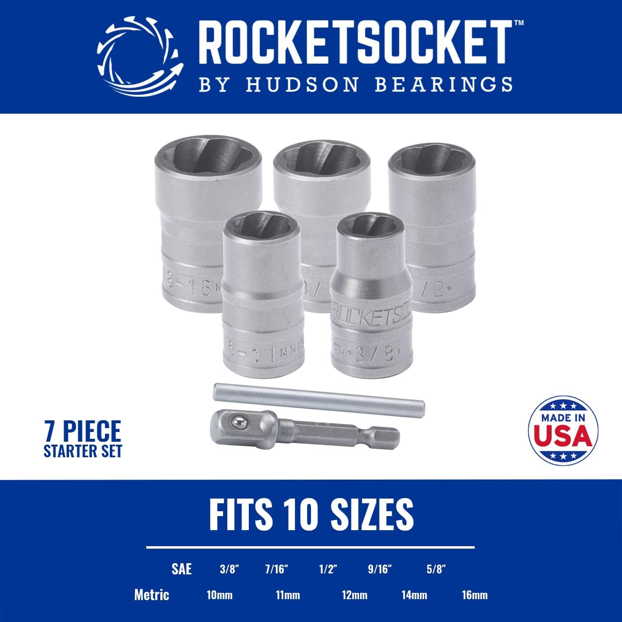 ROCKETSOCKET | Made in USA | Extraction Socket Set | 7 Pieces, impact grade | Remove stripped, frozen, rounded-off Bolts, Nuts & Screws | American Drawn Steel