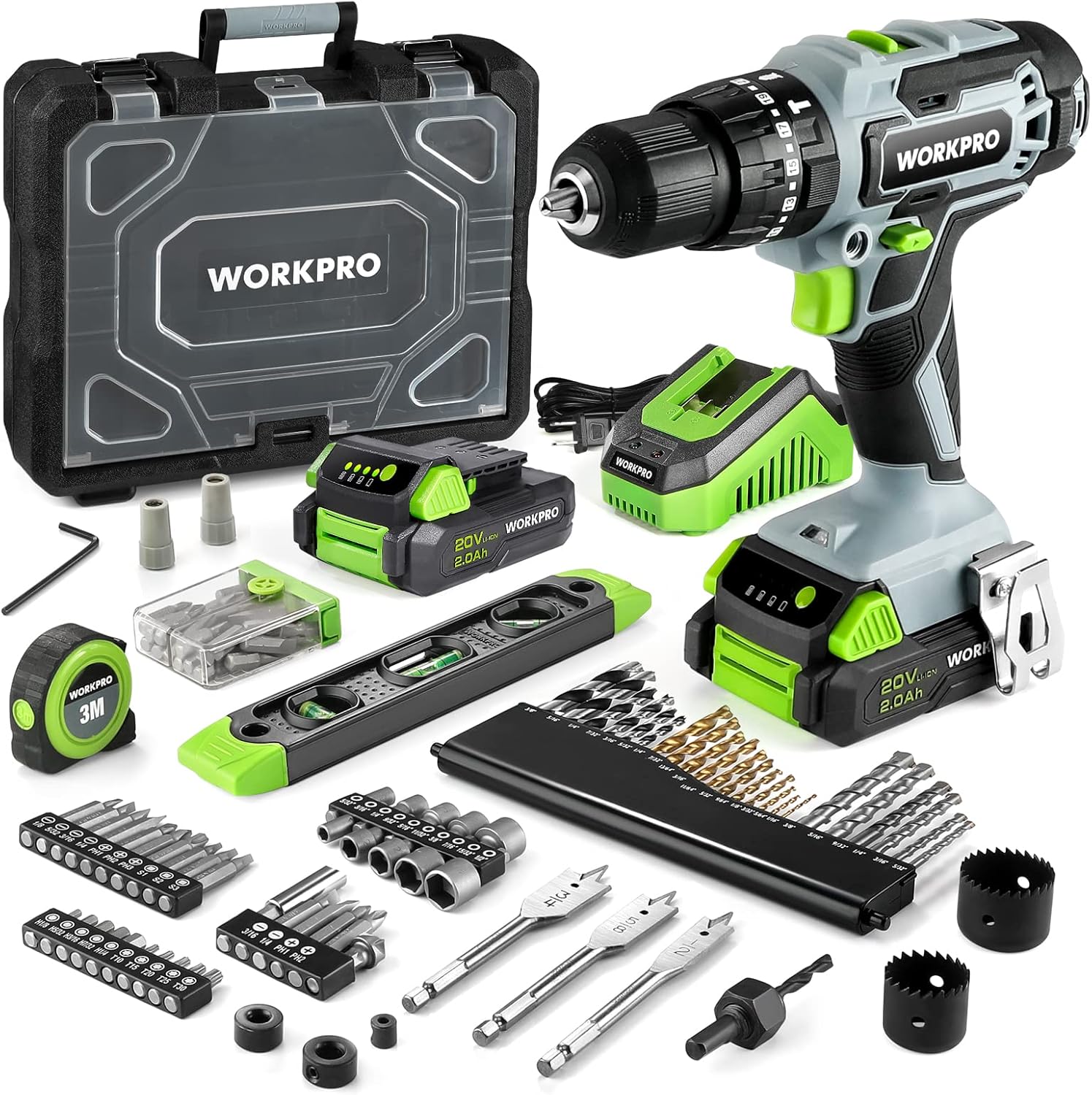 WORKPRO 20V Max Cordless Drill Driver Set, Electric Power Impact Drill Tool with 102 Pieces Accessories, 1/2'' Chuck Impact Drill Kit with Portable Case, 2 x 2.0Ah Li-ion Batteries with Fast Charger