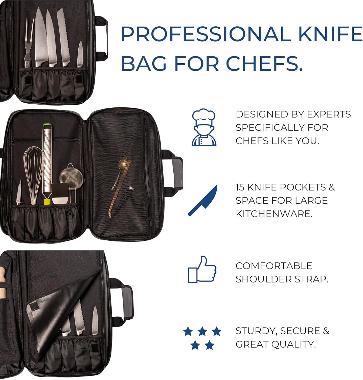 famzigo Silver Chef Knife Bag - 29 Flexible Universal Pockets, Detachable Adjustable Shoulder Strap - Professional Kitchen Accessories - Camping Storage, Carrying Case