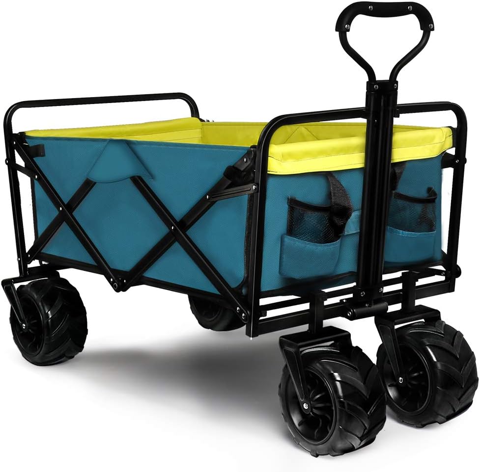Knowlife Folding Collapsible Wagon Outdoor Camping Garden Cart with Cargo Net, Retractable Handle and Cup Holders Beach Wagon Shopping Cart Blue