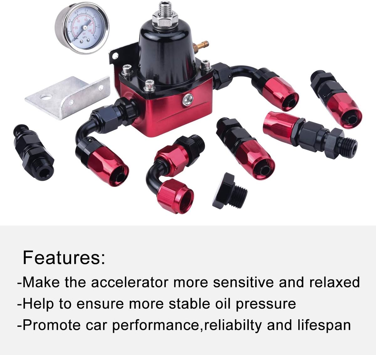 EVIL ENERGY 30-70psi Adjustable EFI Fuel Pressure Regulator Bypass Return Kit Universal with Pressure Gauge and 6AN ORB Adapter Aluminium Black&Red Pack of 2