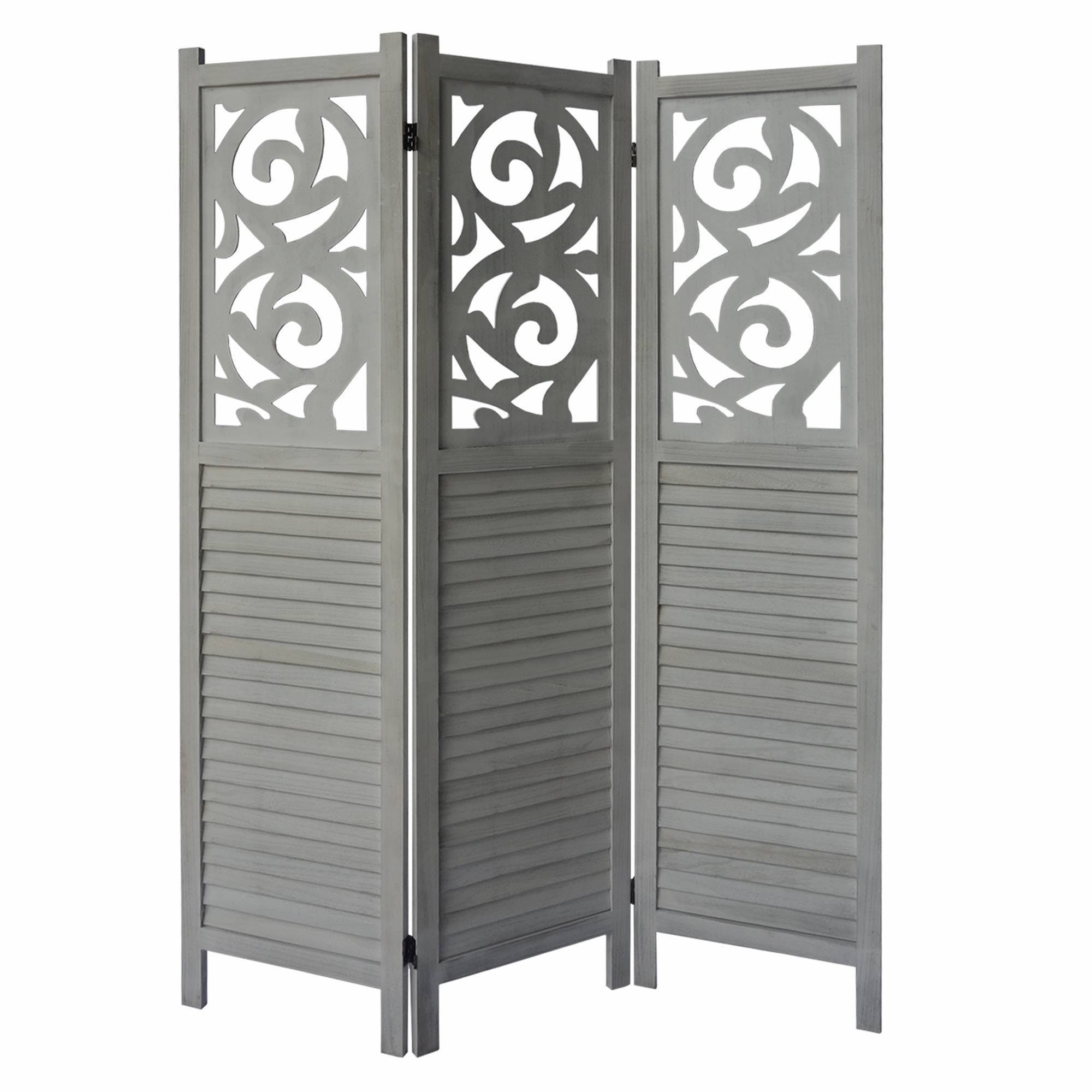 Dunawest 3 Panel Wooden Divider Privacy Screen with Scrolled Cut Out and Shutter Design, Distressed White