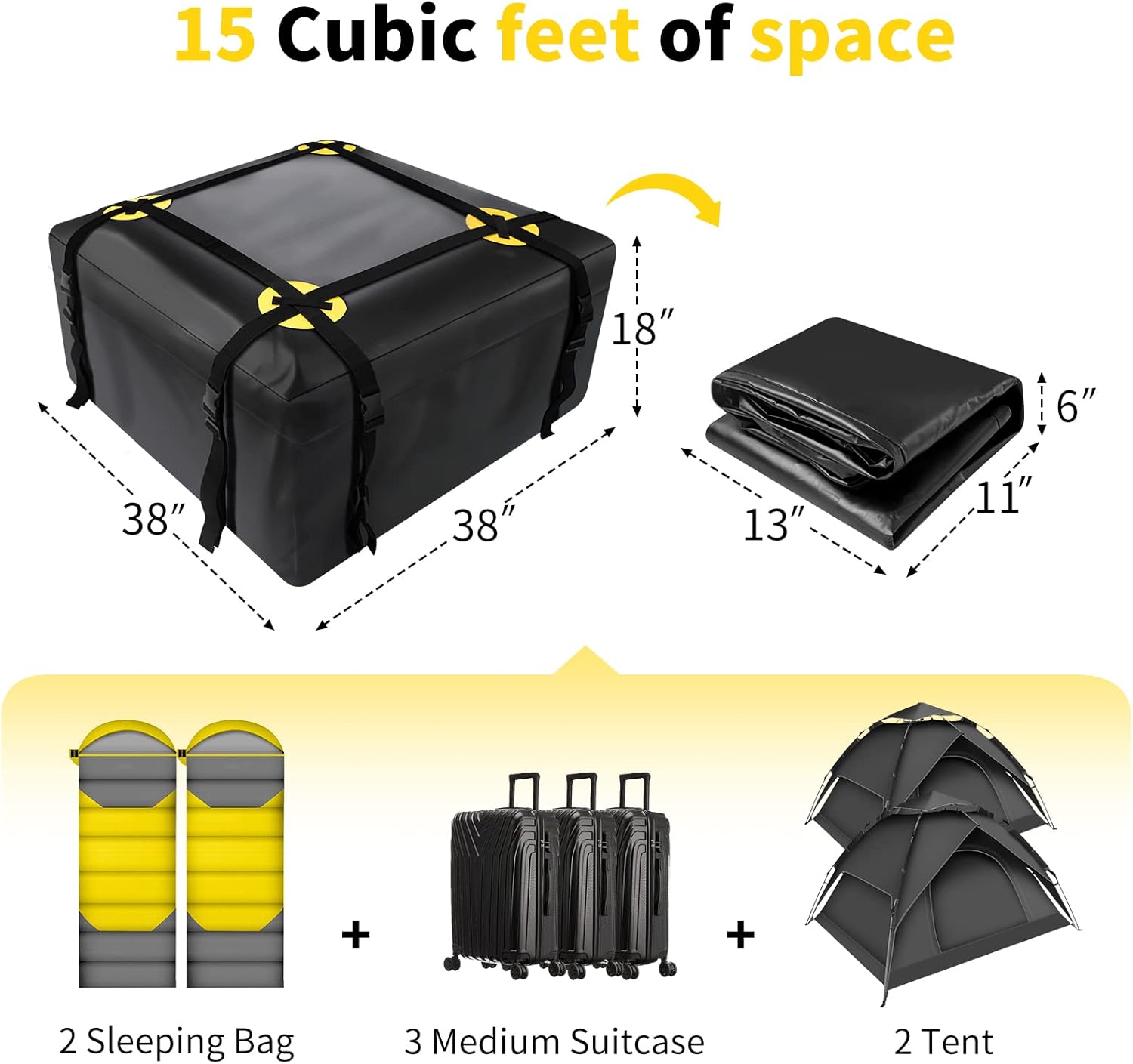 NABIYE Car Roof Bag Waterproof, Rooftop Cargo Carrier Bag with Anti-Slip Mat and 6 Heavy-Duty Straps, Suitable for All Vehicle with/Without Rack (15 Cubic feet)