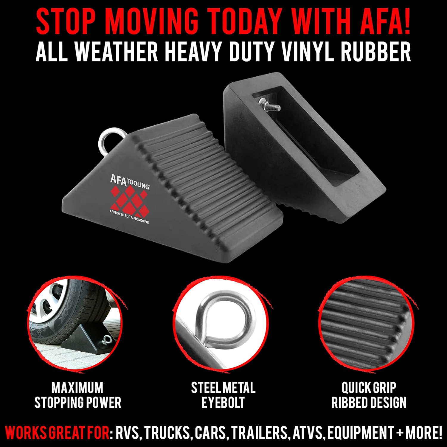 AFA Tooling - Set of 4 Wheel Chocks | Heavy Duty Nylon Rubber Wedge for Front and Back Tires | Heavy Weighted Design and Tie Off Eyebolts | Chock Block for Your Camper, Trailer, RV, Truck, Car or ATV