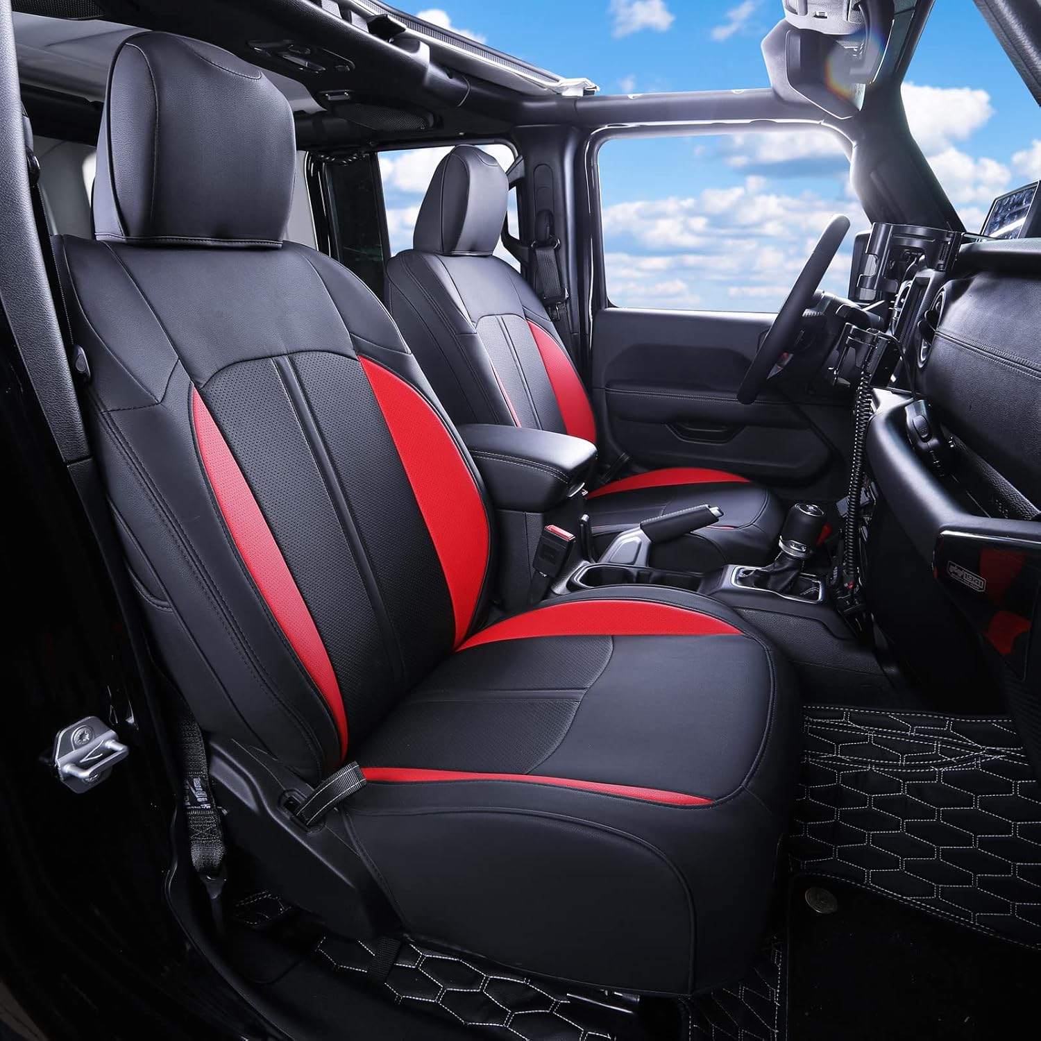 Utiiy Car Seat Covers Full Set with Waterproof Leather Fit 2018-2021 Jeep Wrangler JL 4 Door Front and Rear Seat Covers for 2018 2019 2020 2021 Wrangler JL Accessories(Wrangler JL 4-Door, Red)