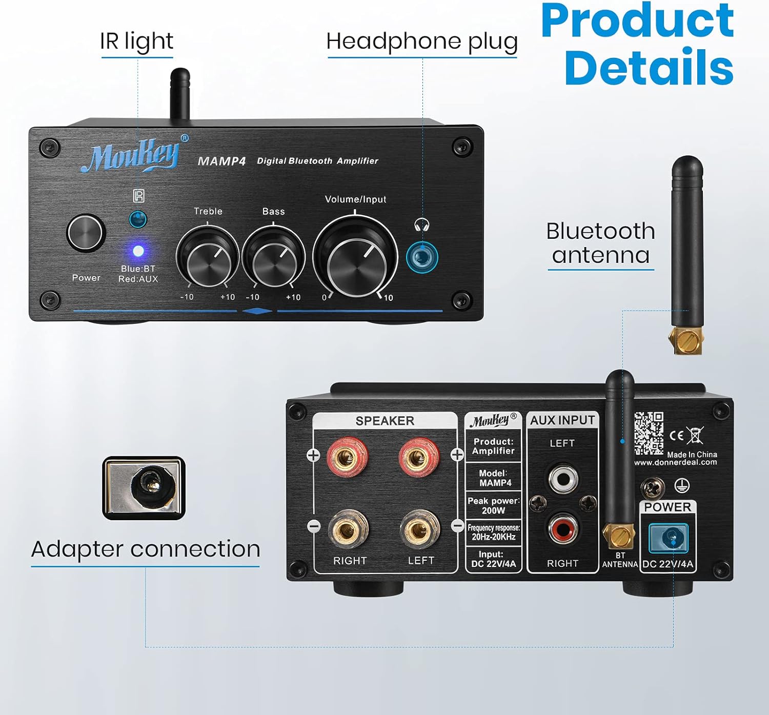 Moukey Audio Amplifier 2 Channel Bluetooth 5.0, 200W Mini Amplifier Receiver for Speakers, HiFi Power Amp with Headphone Jack, Bass/Treble Remote Control for Home Speakers- MAMP4