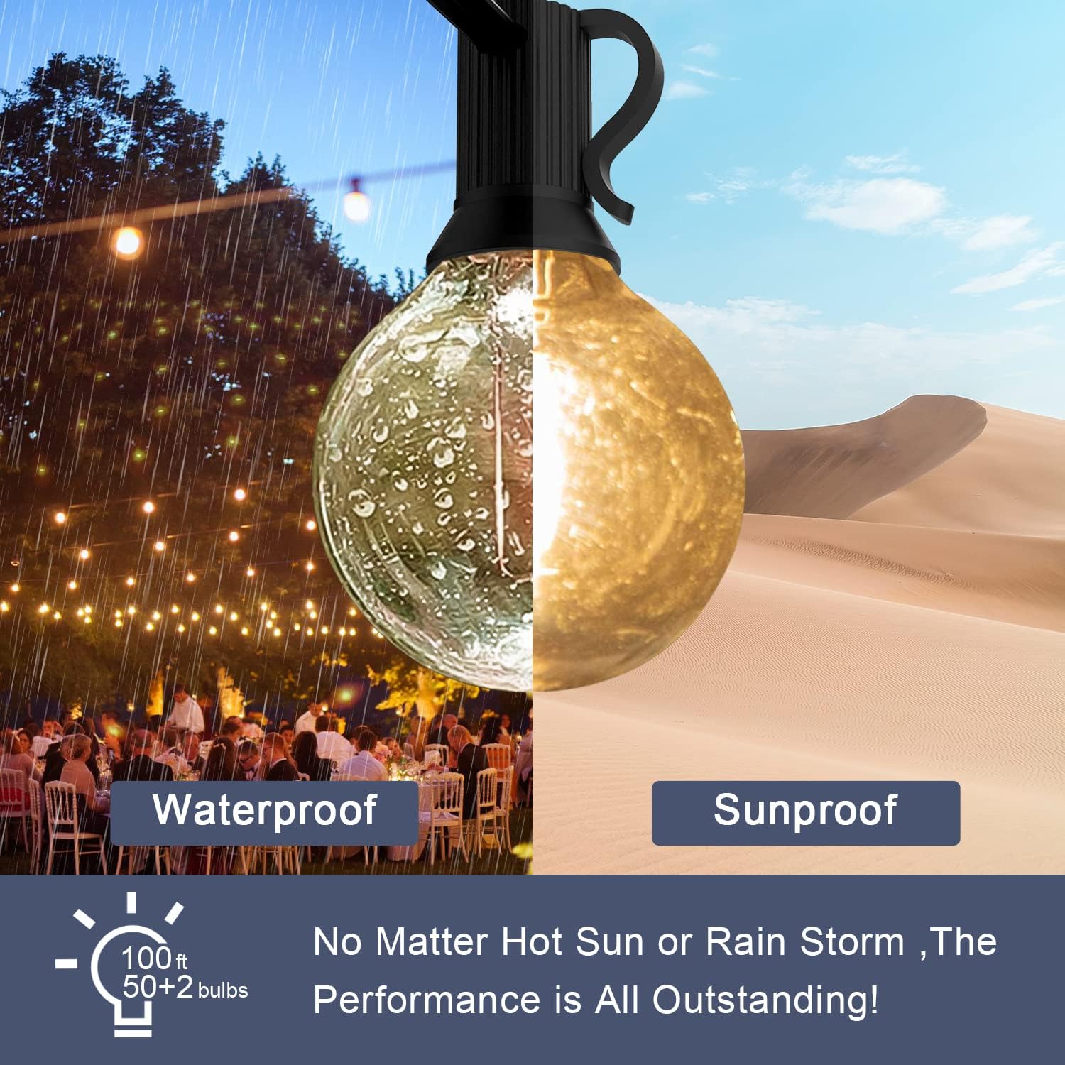 Hyrion Globe Outdoor String Lights,100ft G40 Patio Lights with 15W E12 Socket Base,50 Edison Bulbs Waterproof led String Lights Outside for Backyard Balcony Garden Party Decor