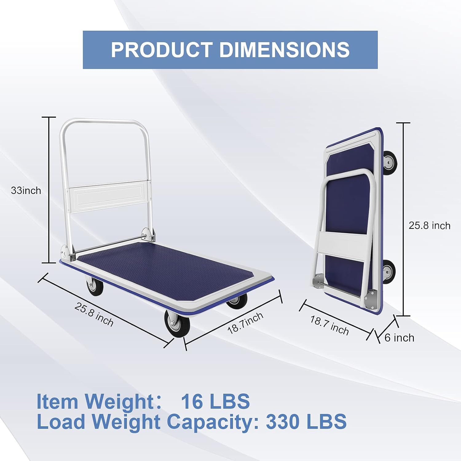 GPOAS Push Cart Dolly Folding Platform Truck with 360 Degree Swivel Wheels and Handle,Foldable for Easy Storage, Heavy Duty Moving Cart with 24x36 Inch Flatbed Surface,Blue