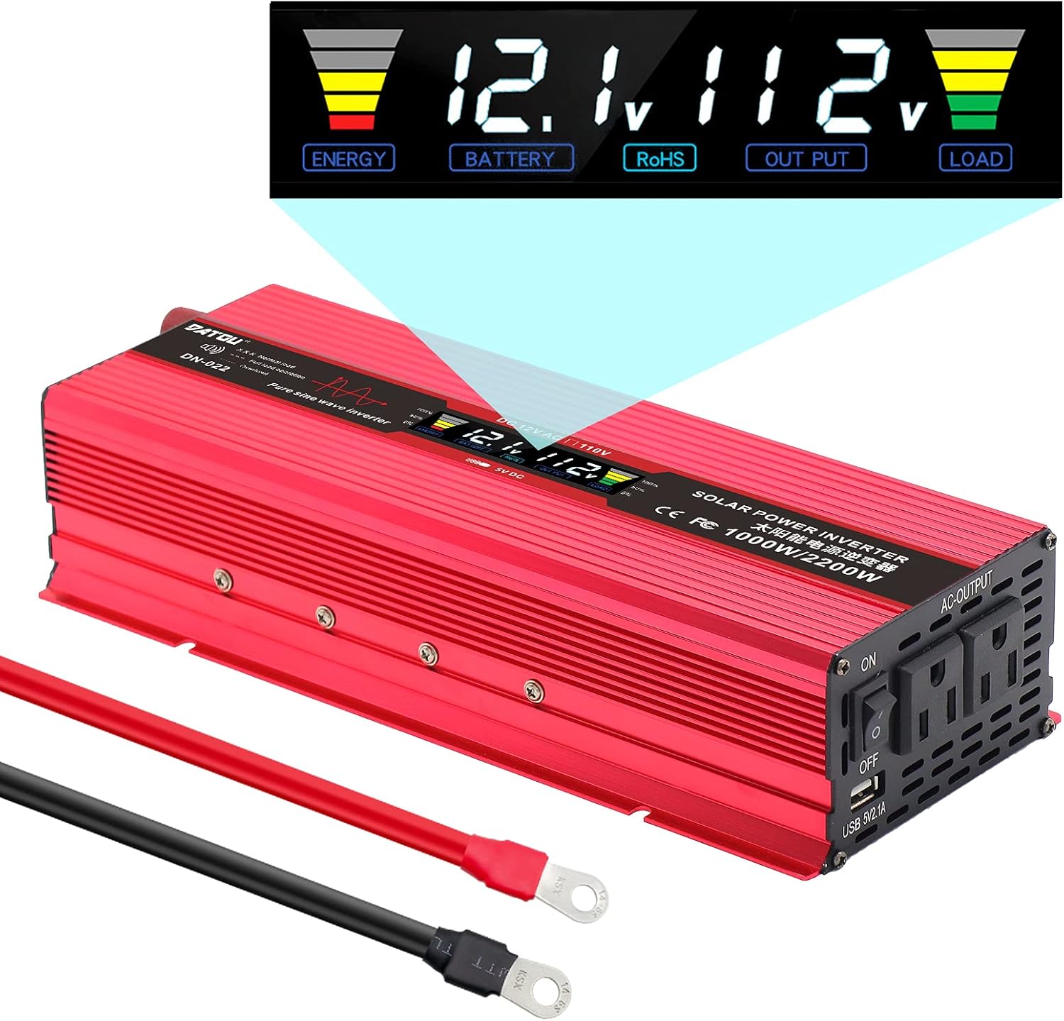 Pure Sine Wave Inverter 1000W Power Inverter Peak 2200W Converter DC 12V to AC 110V with LCD Color Display 1 USB Charging Port & 2 AC Outlets Inverter