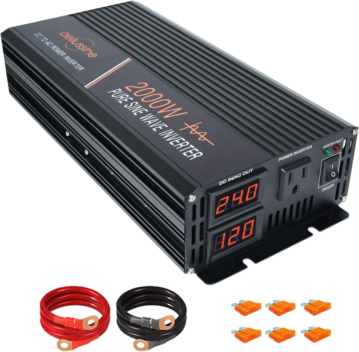 aeliussine 2000W Power Inverter Pure Sine Wave Inverter 24v dc to ac 120v Surge 4000 Watt Converter with LED Display for Car RV Boat Solar Power System.