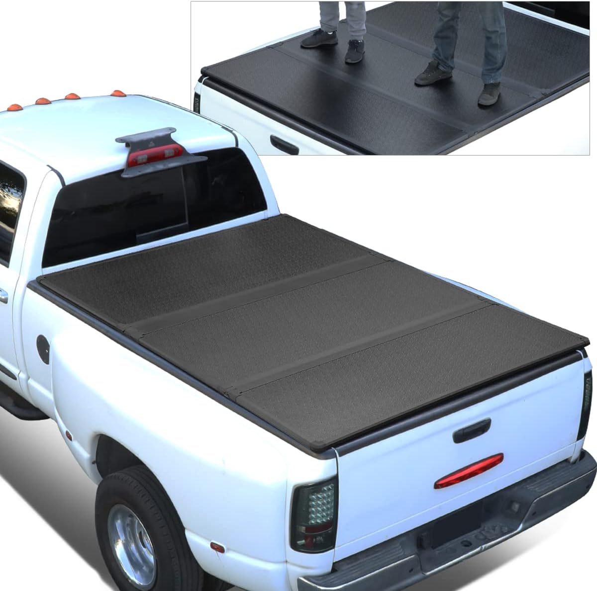 FRP Hard Solid Tri-Fold Adjustable Truck Tonneau Cover Compatible with Dodge Ram 1500 2500 3500 5.7Ft Fleetside Short Bed 09-22, Black Powdercoated