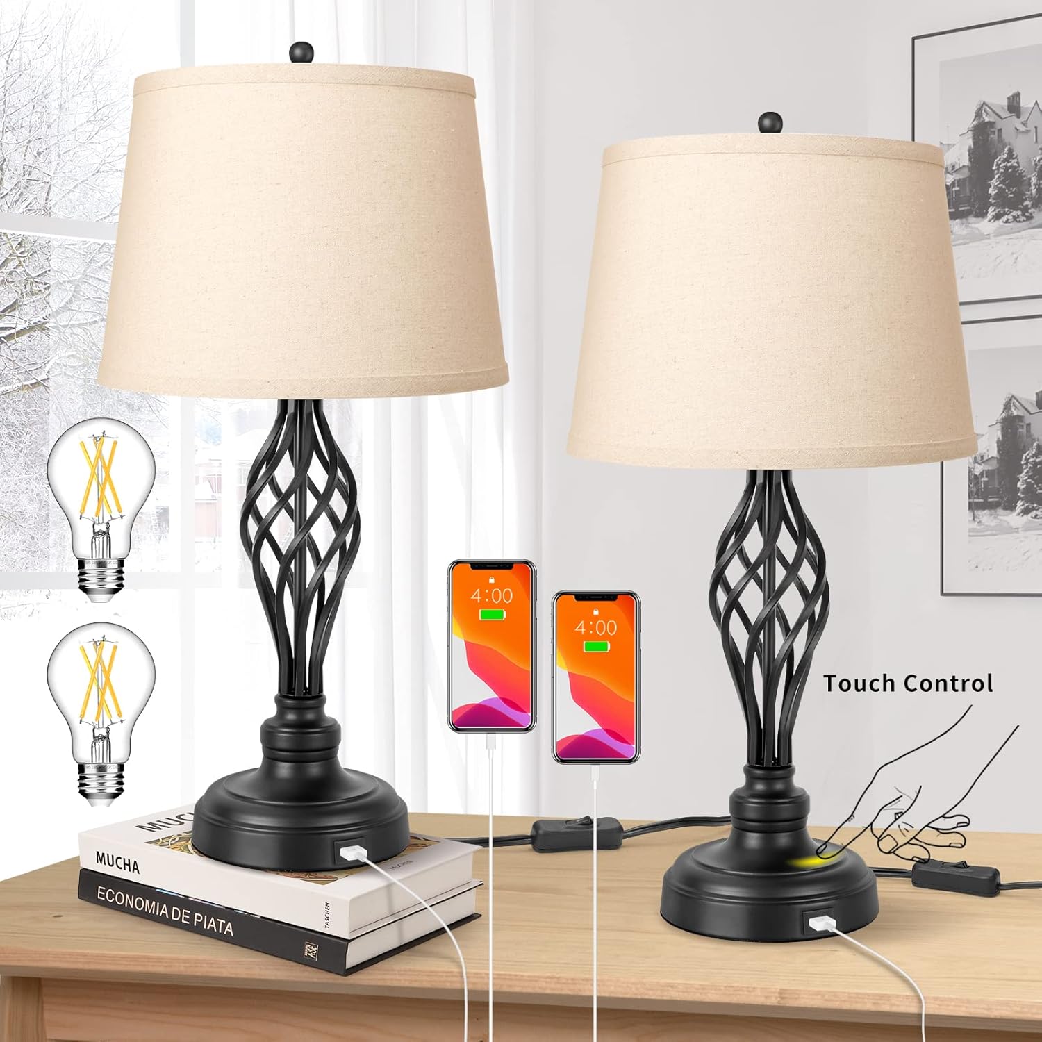 Set of 2 Touch Control 3-Way Dimmable Table Lamp with Switch, Bedside Lamp with USB Port AC Outlet Nightstand Lamp with Fabric Shade for Living Room Bedroom, Warm White Bulbs Included