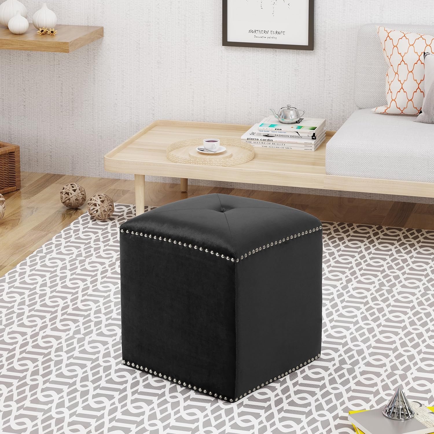 Christopher Knight Home Allen Glam Velvet Ottoman, Black Pack of 2
