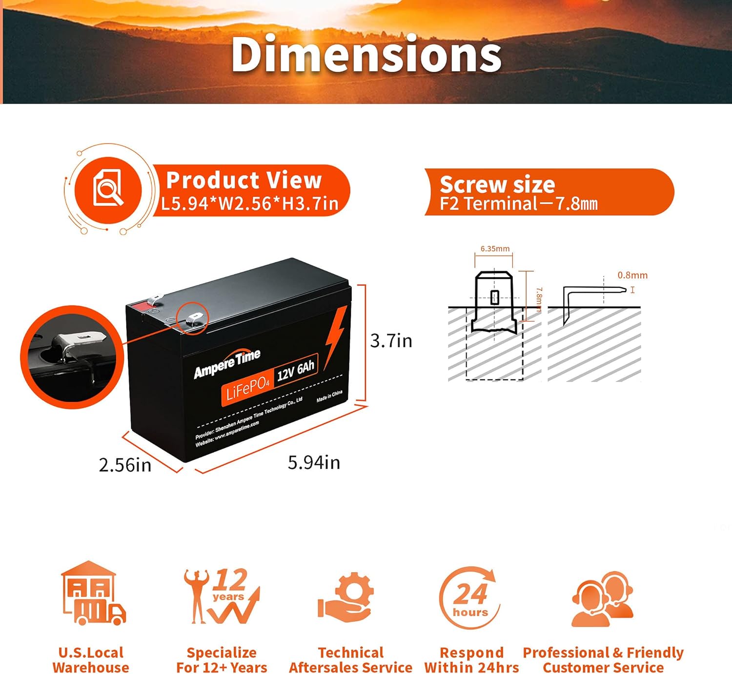 Ampere Time-LiFePO4 Deep Cycle Battery 12V 6Ah, 10 Years Life time. Perfect for Replace Lead-Acid Battery and Most of Out-Door Power Applications, etc.