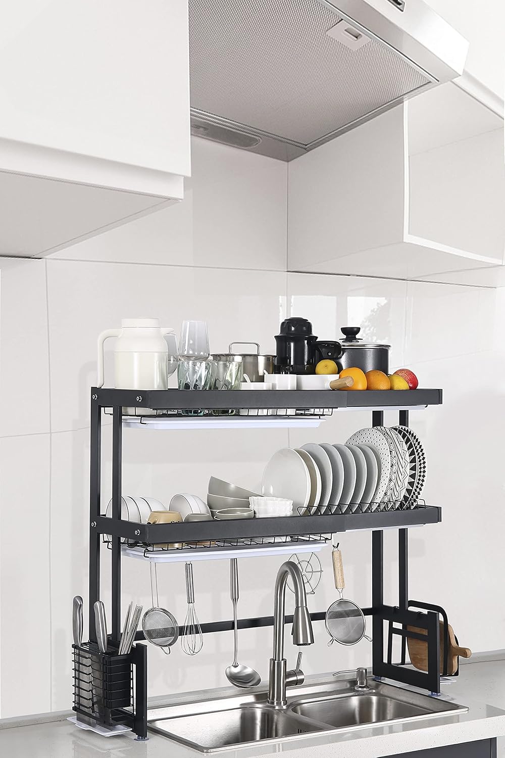 Expandable 2 Tier Stainless Steel Large Storage Adjustable Kitchen Dish Rack Set (24.41''-37.6''), Over Sink Dish Drying Rack