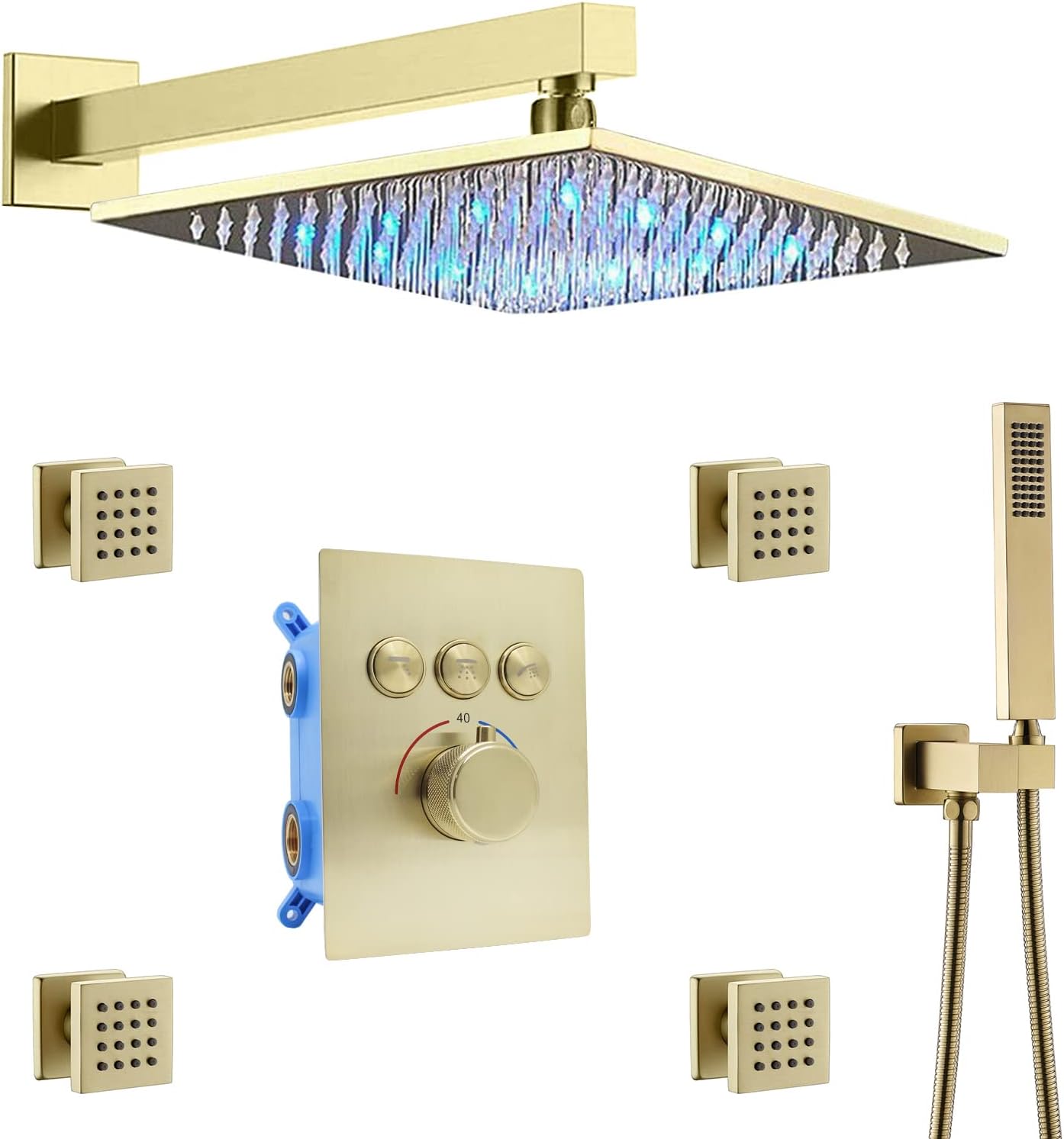 Enga Shower Jets System with Wall Mount 12 Inch Rain Shower Head and Handheld (Can Run All Together), Matte Black Thermostatic Brass Shower Faucet Fixture Combo Set