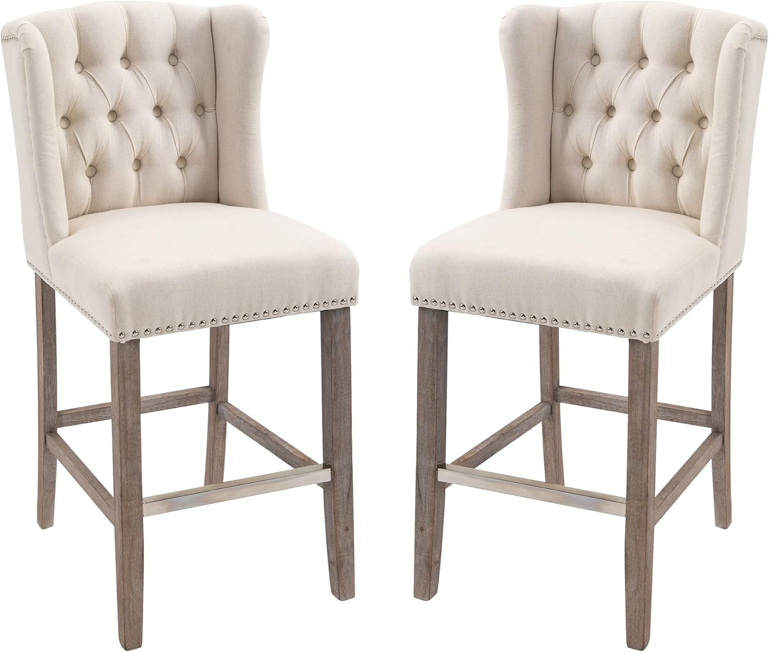 HOMCOM 2 Piece Counter Height Barstools Kitchen Breakfast Stools with Nailhead-Trim and Tufted Back, Solid Wood Legs, Deep Grey