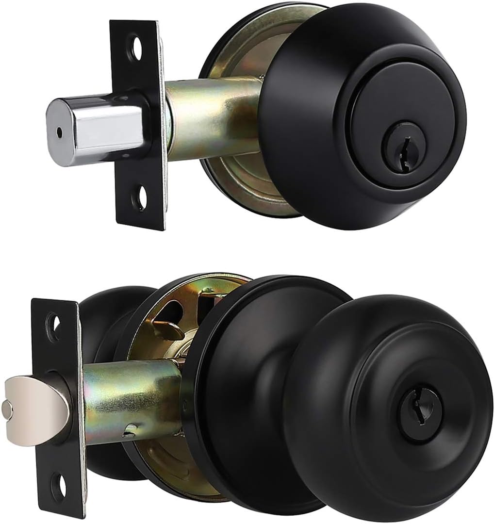 3 Pack Keyed Entry Door Knob Lockset and Single Cylinder Deadbolt Combination Set for Entrance and Front Door, Aged Oil Rubbed Bronze, Keyed Alike Pack of 2
