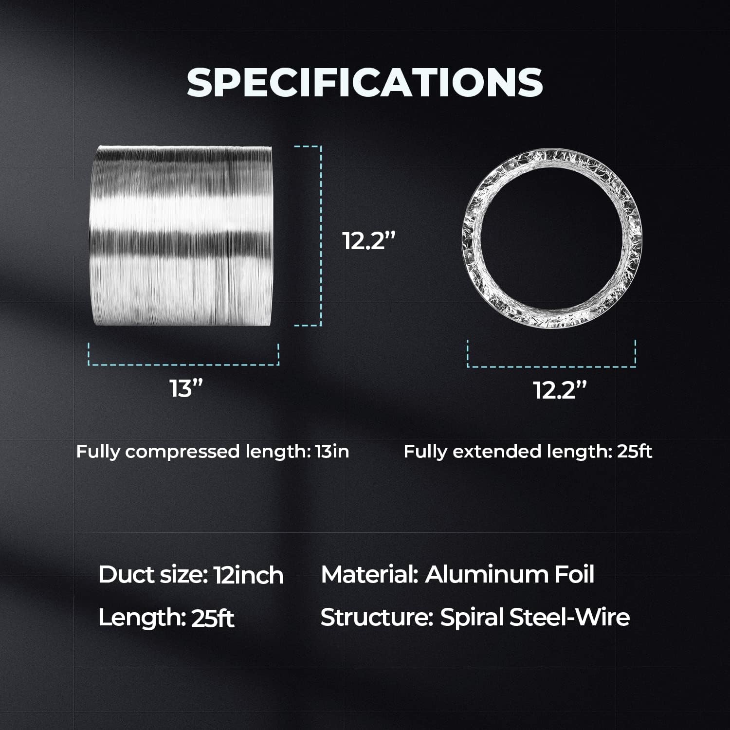 iPower GLDUCT12X25C 12 Inch 25 Feet Non-Insulated Flex Air Aluminum Dryer Vent Hose HVAC Ducting, Silver