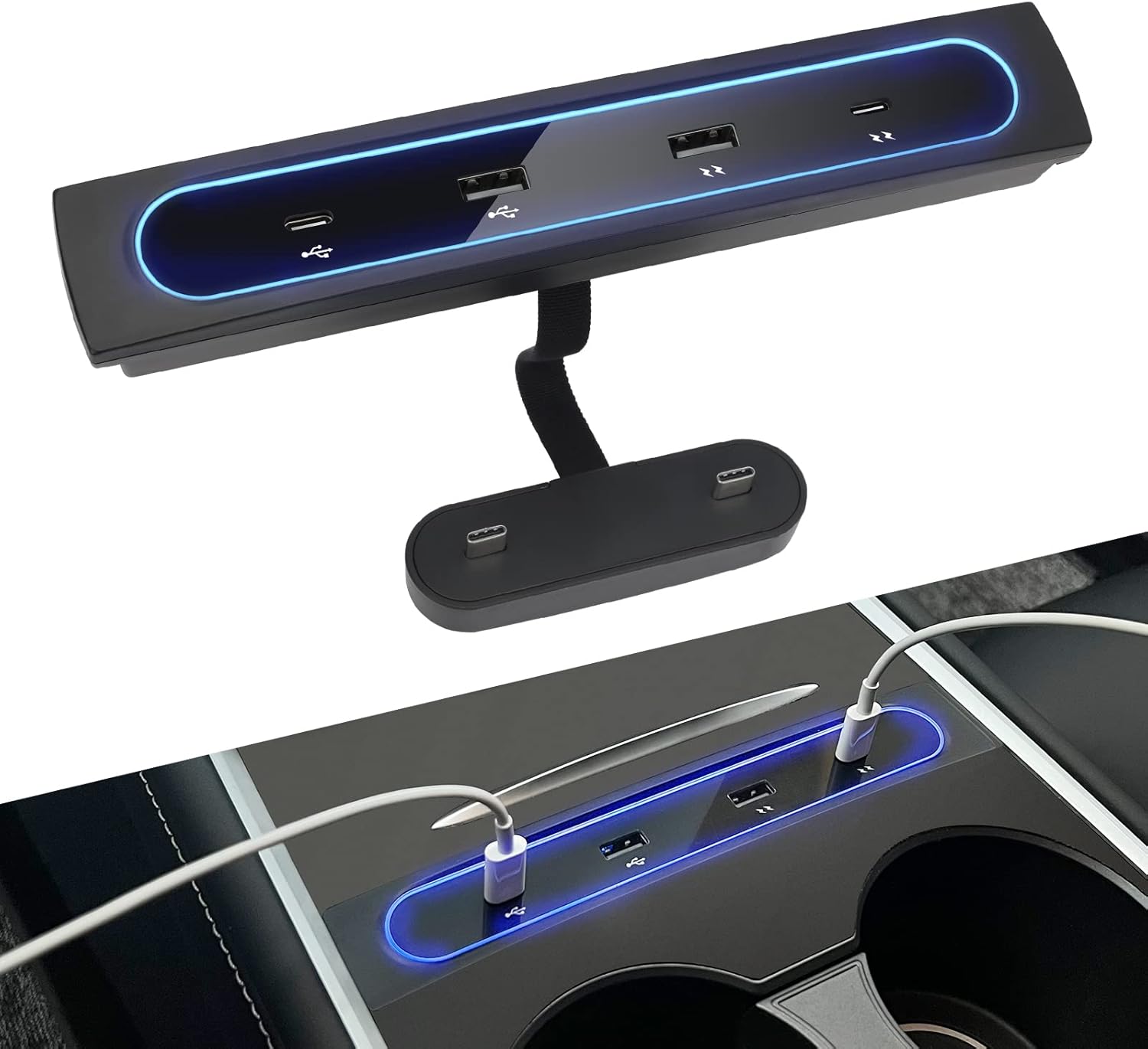 Foruly for 2021 2022 Tesla Model Y 3 Accessories Docking Station 4 in 1 USB LED Hub, Compatible Docking ​Station ​of Center Console Smart Sensor for Tesla Pack of 2