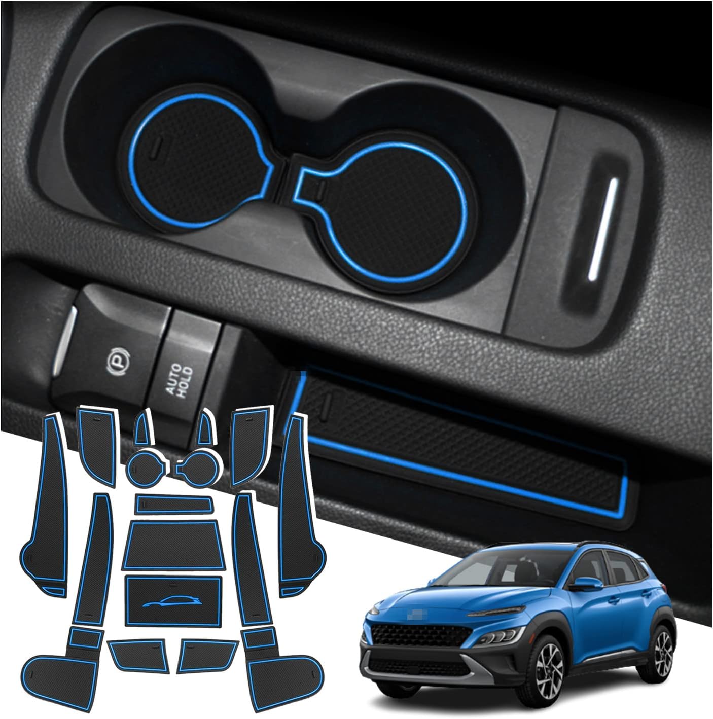 Ruiya 17PCS Door Slot Pad for 2018-2021 2022 Hyundai Kona SUV Cushion Non-Slip Gate Slot Pad Cup Mat Car Interior Automotive Decoration Fit Cup, Door, and Console Liner Accessories (Blue)