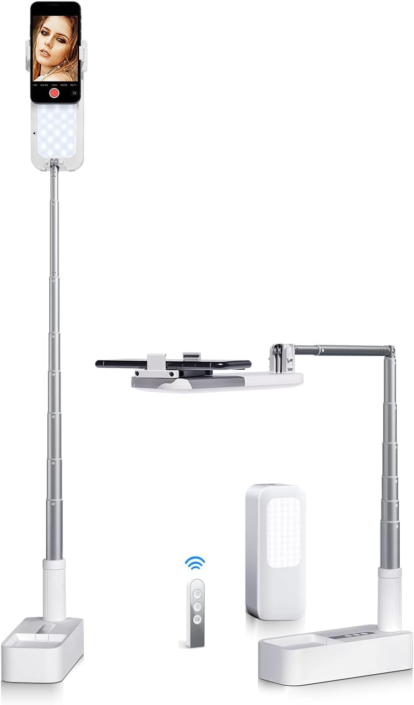 yAyusi Phone Stand for Recording,360° Rotation with Selfie Stands and Phone Holders,Overhead Phone Mount,1000mAh Battery Operated 7 Brightness LED Light for Live Streaming/YouTube/Video Recording Pack of 2