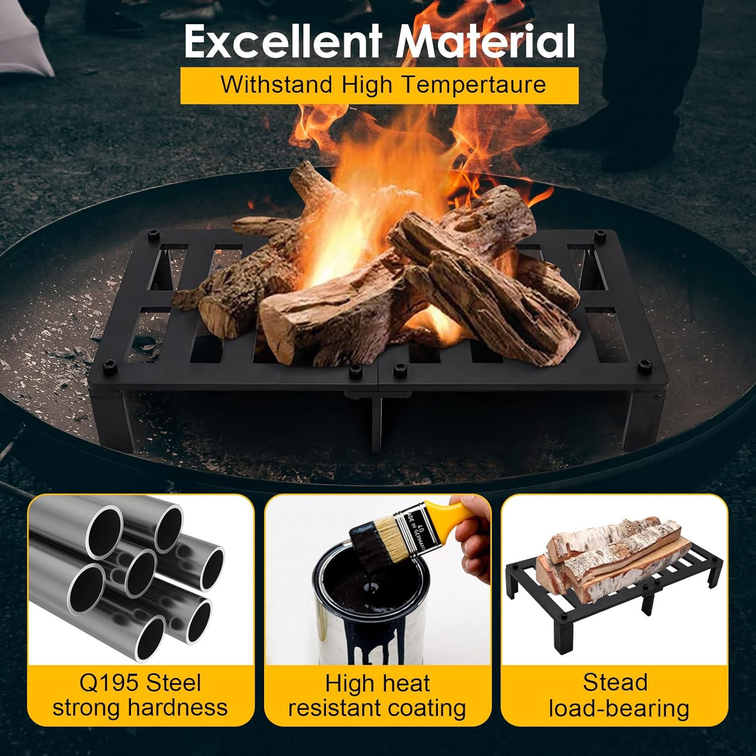 STBoo Fireplace Grate Heavy Duty Solid Steel 20inch, Firewood Log Burning Rack Fire Grates, Fireplace Log Holder, Log Grate for Indoor Chimney Hearth Outdoor Fire Place Kindling Tool Pit.