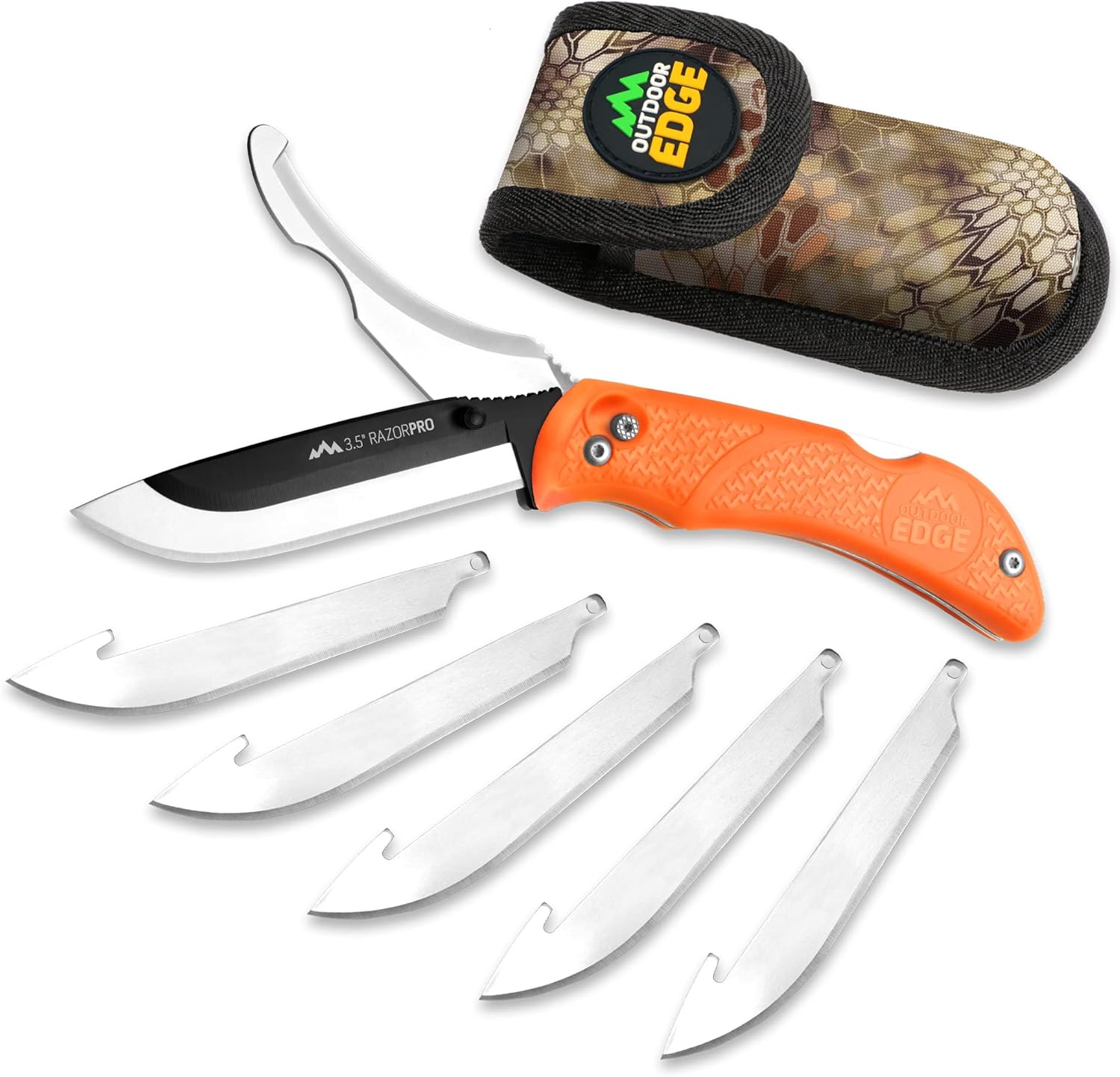 Outdoor Edge RazorPro - Double Blade Folding Hunting Knife with Replaceable Razor Blade, Gutting Blade and Camo Nylon Sheath (Orange, 6 Blades)