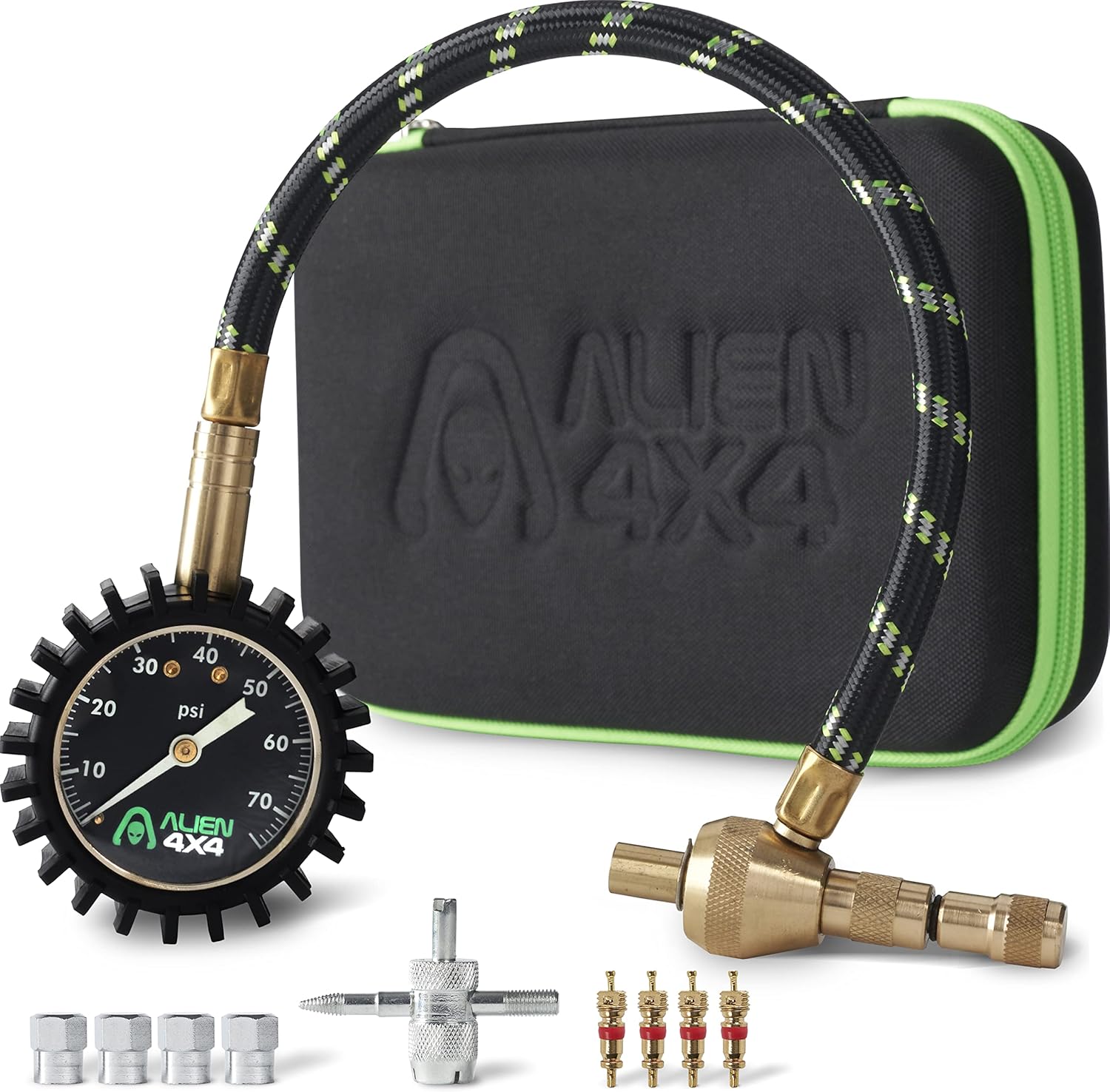 Alien Sunshade Tire Deflator 0-75psi Air Down Tire Deflators Kit - Accurate & Fast Tire Air Down Tool &ndash; Includes Case & Offroad Accessories 4x4 - Quickly Deflate Jeep, Truck, SxS, ATV, RV Tires