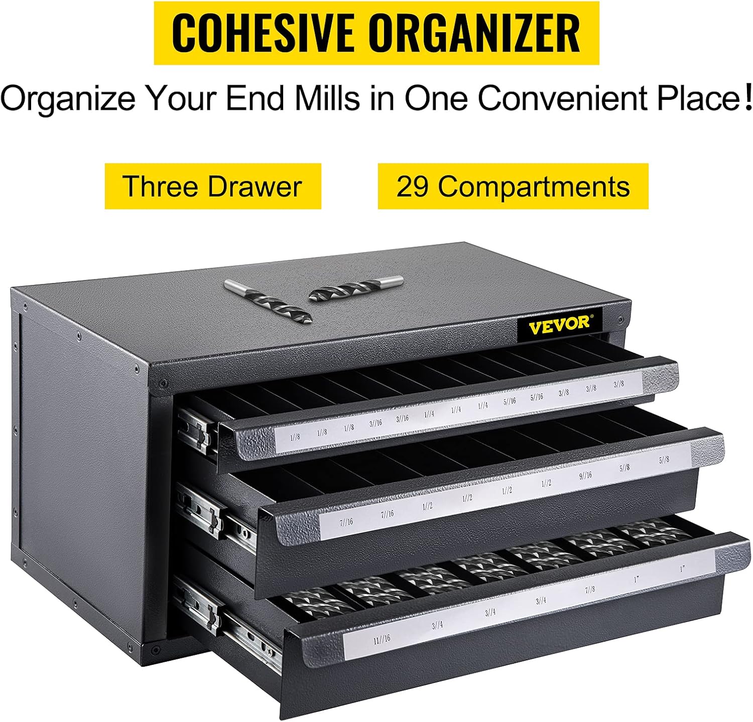 VEVOR End Mill Dispenser Cabinet, Three-Drawer End Mill Dispenser, End Mill Organizer Cabinet Cold Rolled Steel, End Mill Dispenser Organizer Cabinet Holder for Fractional Size from 1/8