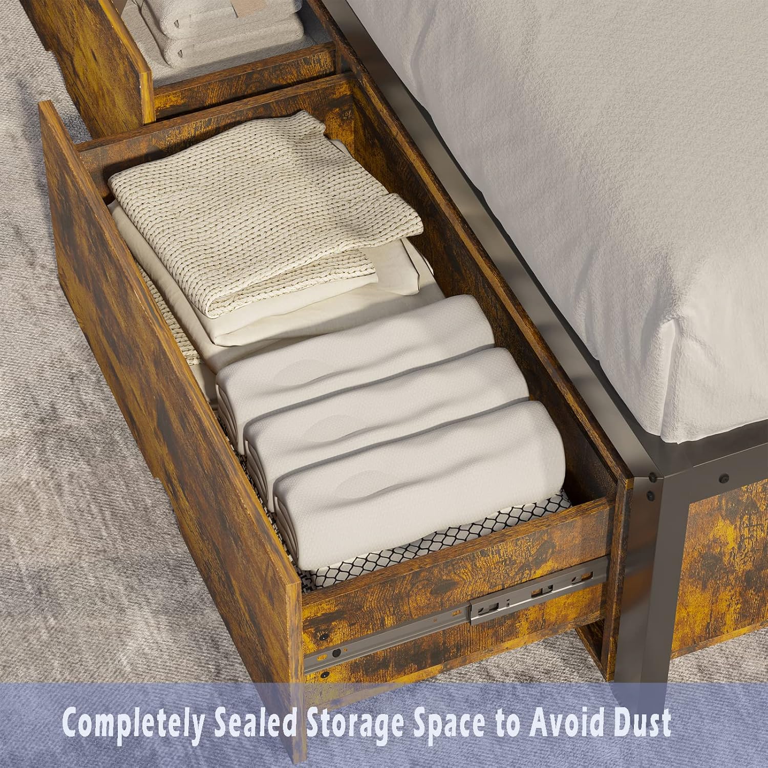 DICTAC Queen Bed Frame with Drawers Platform Bed Frame with Storage Metal Storage Bed Frame with Headboard / Mattress Foundation / Metal Steel slats Support / No Box Spring Needed / Rustic Brown