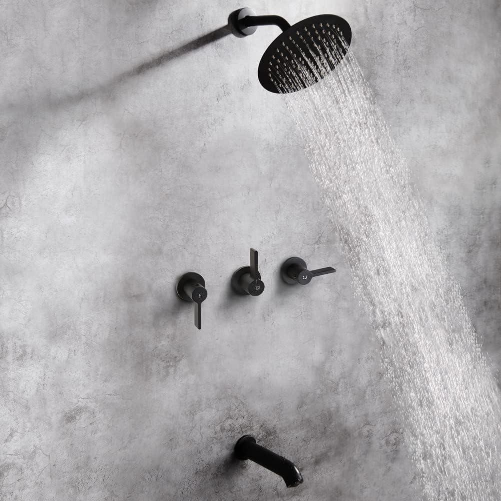 Matte Black 3 Handle Shower Faucet Set with Tub Spout, Tub and Shower Trim Kit with Rough-in Valve, Bathroom Rain Mixer Shower System Wall Mounted Rainfall Bathtub Shower Faucets 8202-7B