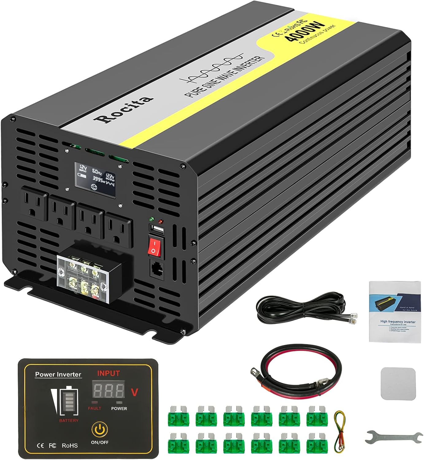 4000W Pure Sine Wave Power Inverter 12V DC to 120V AC Peak Surge 8000W with 4 AC Outlets LCD Display Remote Control USB Port for Home RV Truck Solar System