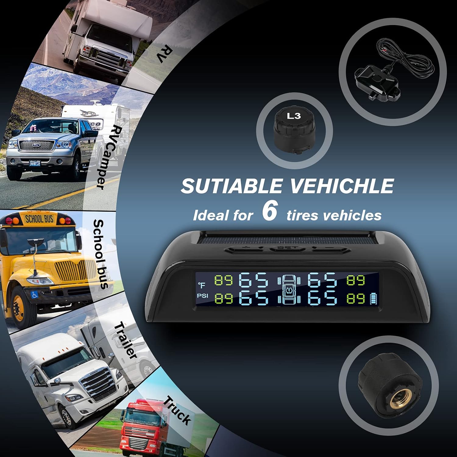 WELLUCK TPMS Tire Pressure Monitoring System for RV Trailer with 6 External TPMS Sensor and A Repeater, 6 Alarm Models, Solar Power, Auto Backlight, Real-time Displays Pressure (0～116PSI/0～8BAR)