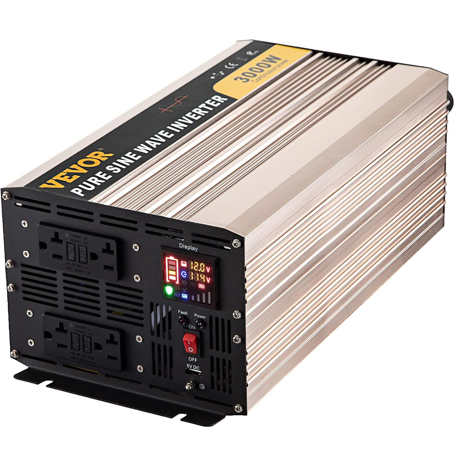 VEVOR Pure Sine Wave Inverter, 3000 Watt Power Inverter, DC 12V to AC 110V Car Inverter, with LCD Display, 5V USB Port, AC Outlets (GFCI) Power Converter, for Car, RV Truck,Solar System,Travel Camping