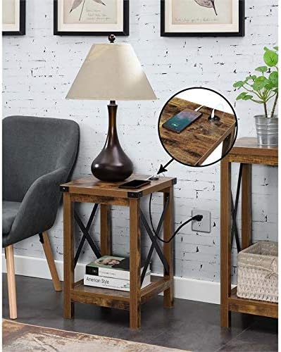 Pemberly Row End Table with Charging Station in Nutmeg Barnwood and Black Metal